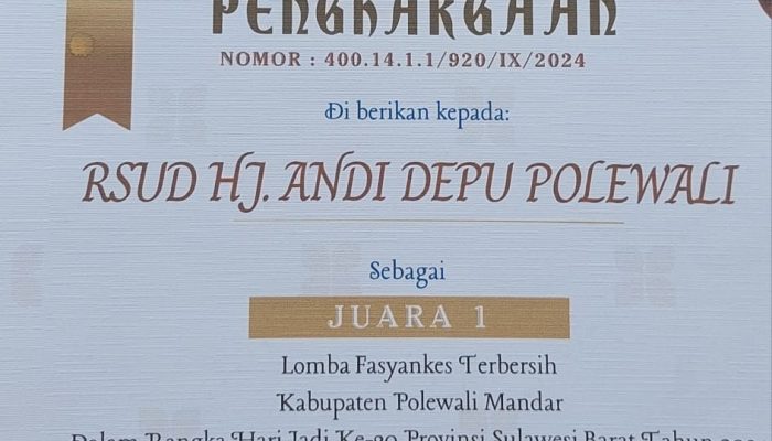 RSUD Hj Andi Depu Polewali Raih Piagam Penghargaan Faskes Terbersih