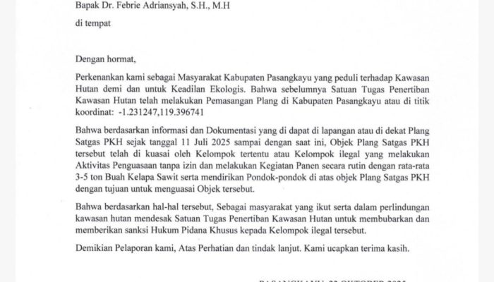 Warga Pasangkayu Laporkan Aktivitas Ilegal di Kawasan Hutan ke Satgas Penertiban Kawasan Hutan