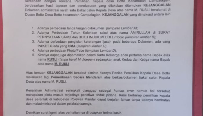 Amperak Soroti Dugaan Kejanggalan Berkas Cakades Botto
